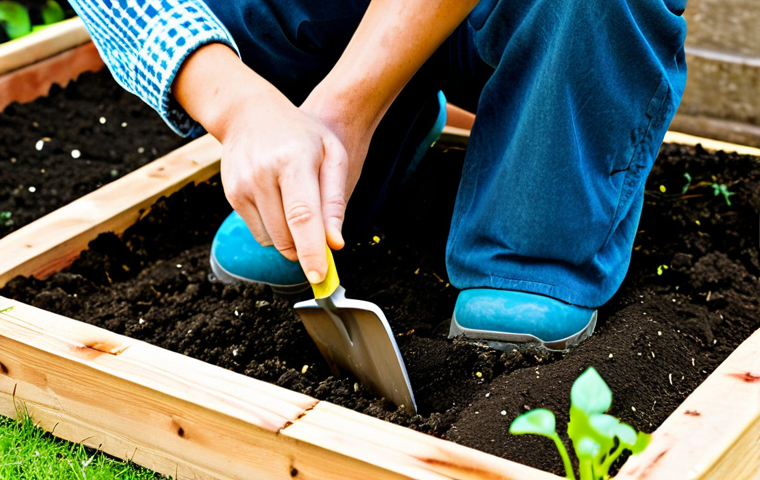 Preparing the Soil**
"A gardener, fully clothed in gardening attire, kneeling and amending soil in a raised garden bed with compost. Garden trowel visible. Healthy green seedlings are ready for planting nearby. Background includes a sunny vegetable garden with various plants. Perfect anatomy, natural proportions, appropriate content, safe for work, professional photography, well-formed hands, proper finger count, fully clothed, family-friendly."
**
