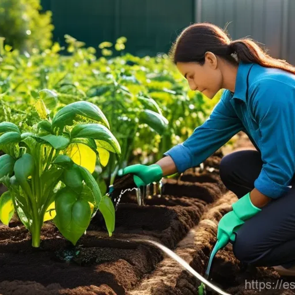 유기농 정원에서의 지속 가능한 관리 전략 - **A mindful gardener tending a vibrant vegetable patch with a visible drip irrigation system.**
    ...