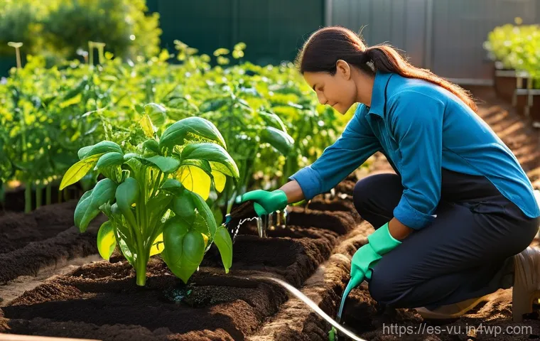 유기농 정원에서의 지속 가능한 관리 전략 - **A mindful gardener tending a vibrant vegetable patch with a visible drip irrigation system.**
...