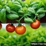 유기농 정원에서의 상호작용하는 식물 조합 - **A Vibrant Tomato and Basil Partnership:** A close-up, eye-level view of a thriving organic garden ...