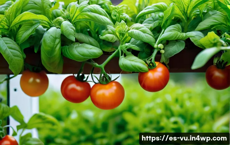 유기농 정원에서의 상호작용하는 식물 조합 - **A Vibrant Tomato and Basil Partnership:** A close-up, eye-level view of a thriving organic garden ...