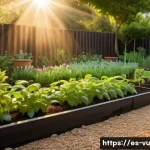 유기농 정원에서 효과적인 물주기 방법 - A vibrant organic garden scene at early morning light, showing a variety of plants with shallow root...