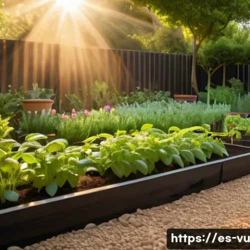 유기농 정원에서 효과적인 물주기 방법 - A vibrant organic garden scene at early morning light, showing a variety of plants with shallow root...