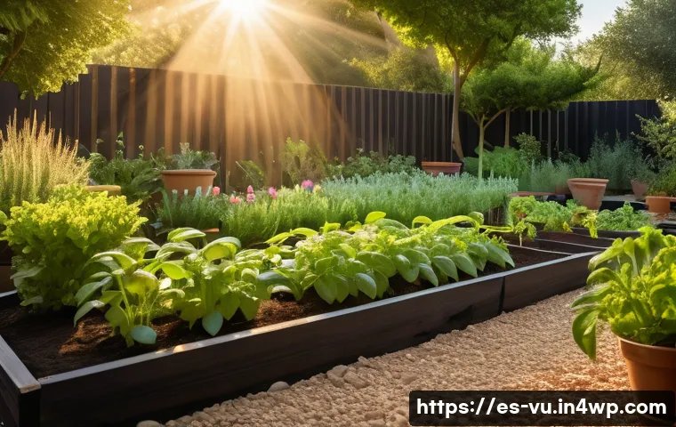 유기농 정원에서 효과적인 물주기 방법 - A vibrant organic garden scene at early morning light, showing a variety of plants with shallow root...