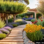 유기농 정원 설계의 기본 원칙 - A vibrant organic garden scene in a Mediterranean climate, showcasing a variety of native Spanish pl...