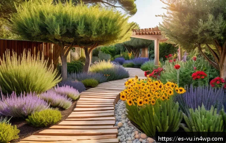 유기농 정원 설계의 기본 원칙 - A vibrant organic garden scene in a Mediterranean climate, showcasing a variety of native Spanish pl...