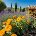유기농 정원에서의 자연적인 수분 공급 기법 - A vibrant organic garden scene in a sunny Spanish countryside, featuring companion plants like marig...