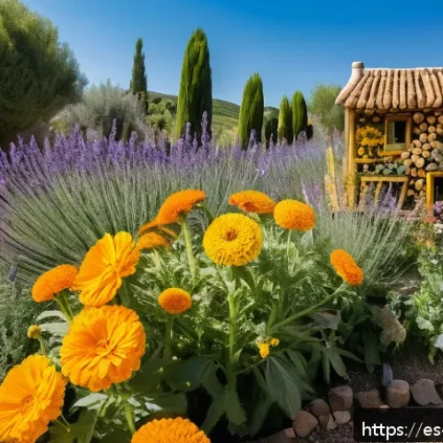 유기농 정원에서의 자연적인 수분 공급 기법 - A vibrant organic garden scene in a sunny Spanish countryside, featuring companion plants like marig...