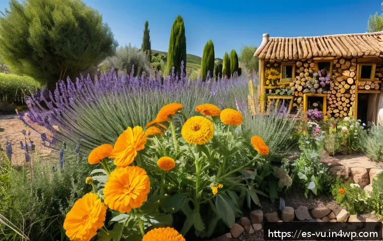 유기농 정원에서의 자연적인 수분 공급 기법 - A vibrant organic garden scene in a sunny Spanish countryside, featuring companion plants like marig...