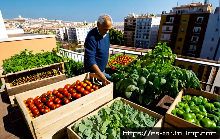 유기농 정원에서의 도시 농업의 가능성 - Photorealistic rooftop urban organic garden in a Spanish city, diverse raised wooden beds filled wit...