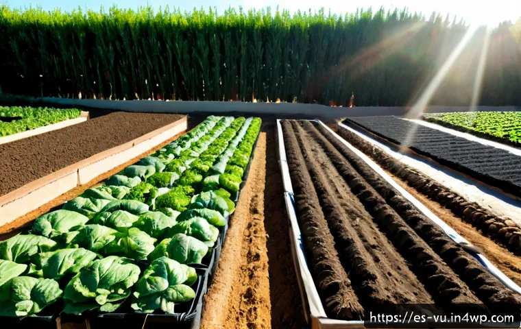 Home 17 유기농 정원에서의 작물 순환 재배 방법 - Photorealistic wide view of a thriving organic vegetable garden in rural Spain, four clearly separat...