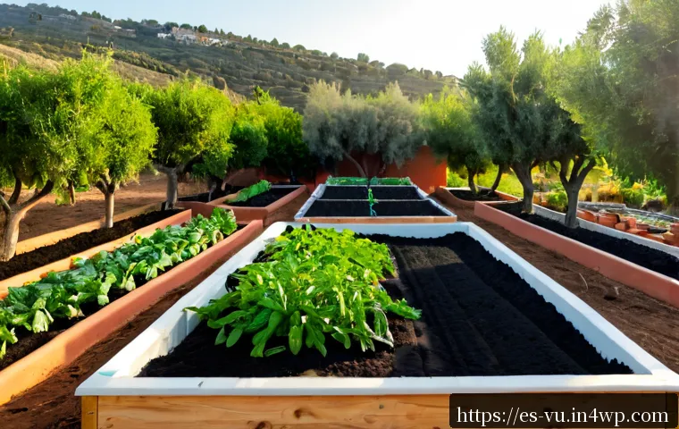 유기농 정원에서의 장기적인 성공 전략 - Photorealistic wide view of a thriving organic backyard vegetable garden in a sunny Spanish countrys...